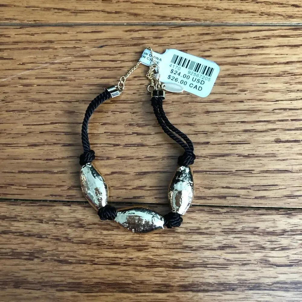 Anthropologie Gold-Toned Black Cord Classic Casual Simple Bracelet NWT